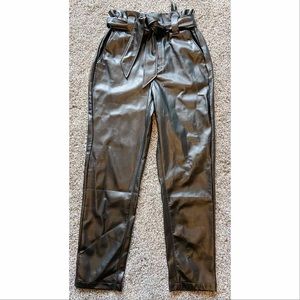 Express Super High Waisted Faux Leather Belted Ankle Pant Black NWT
